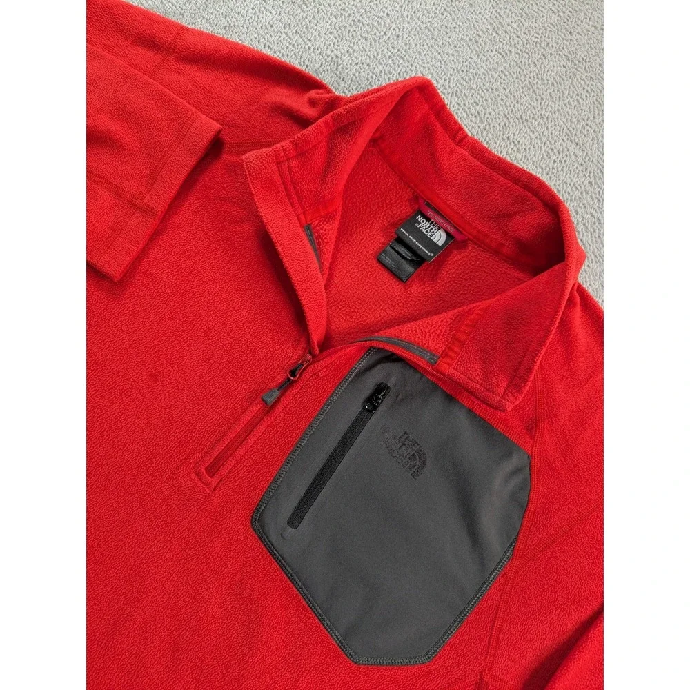 The North Face Mens Large Red Quarter Zip Fleece Pullover Grey Chest Pocket L